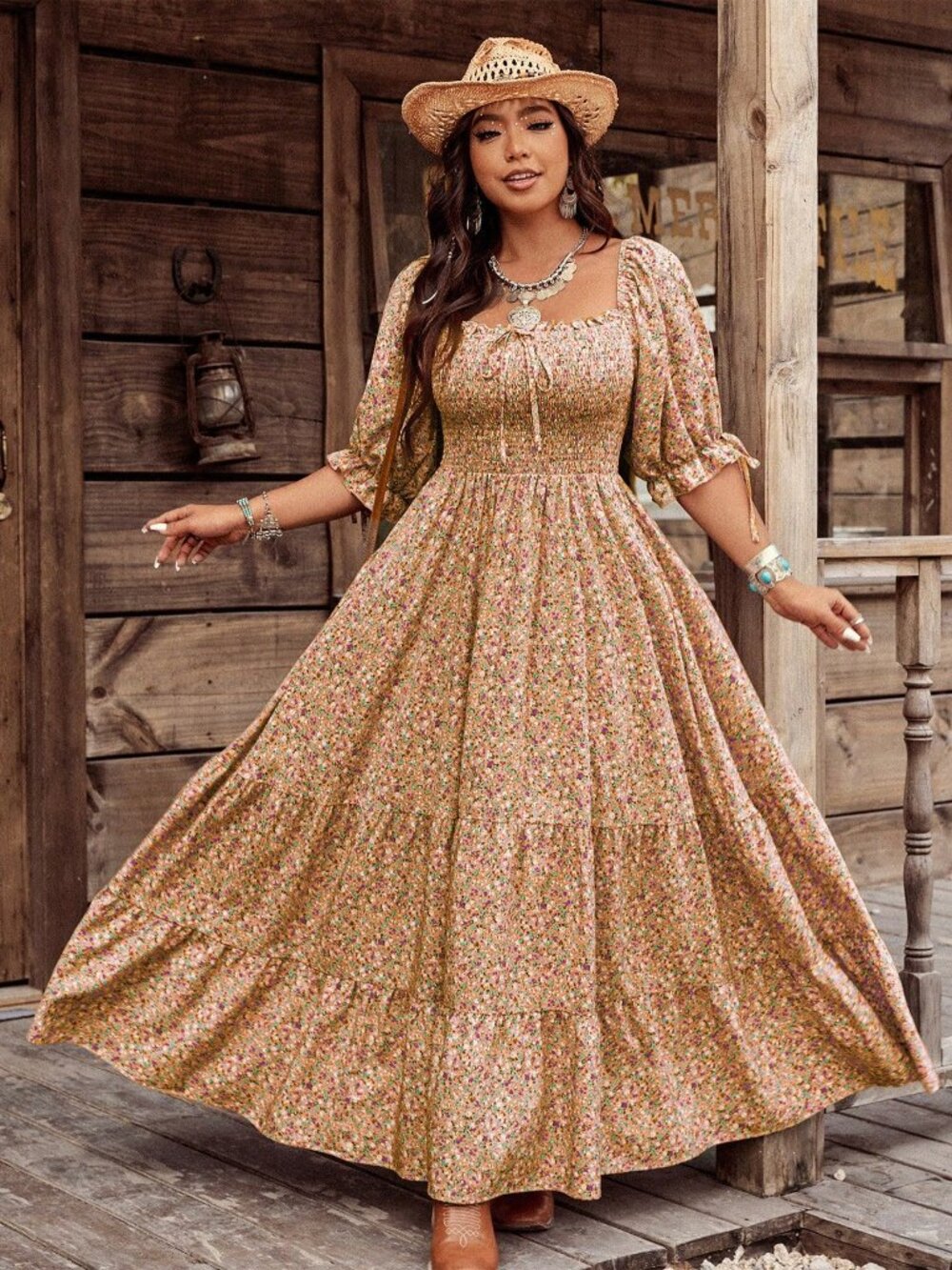 Boho Women's Plus Size Square Neck short sleeve Floral Maxi Dress - Picture 4 of 5